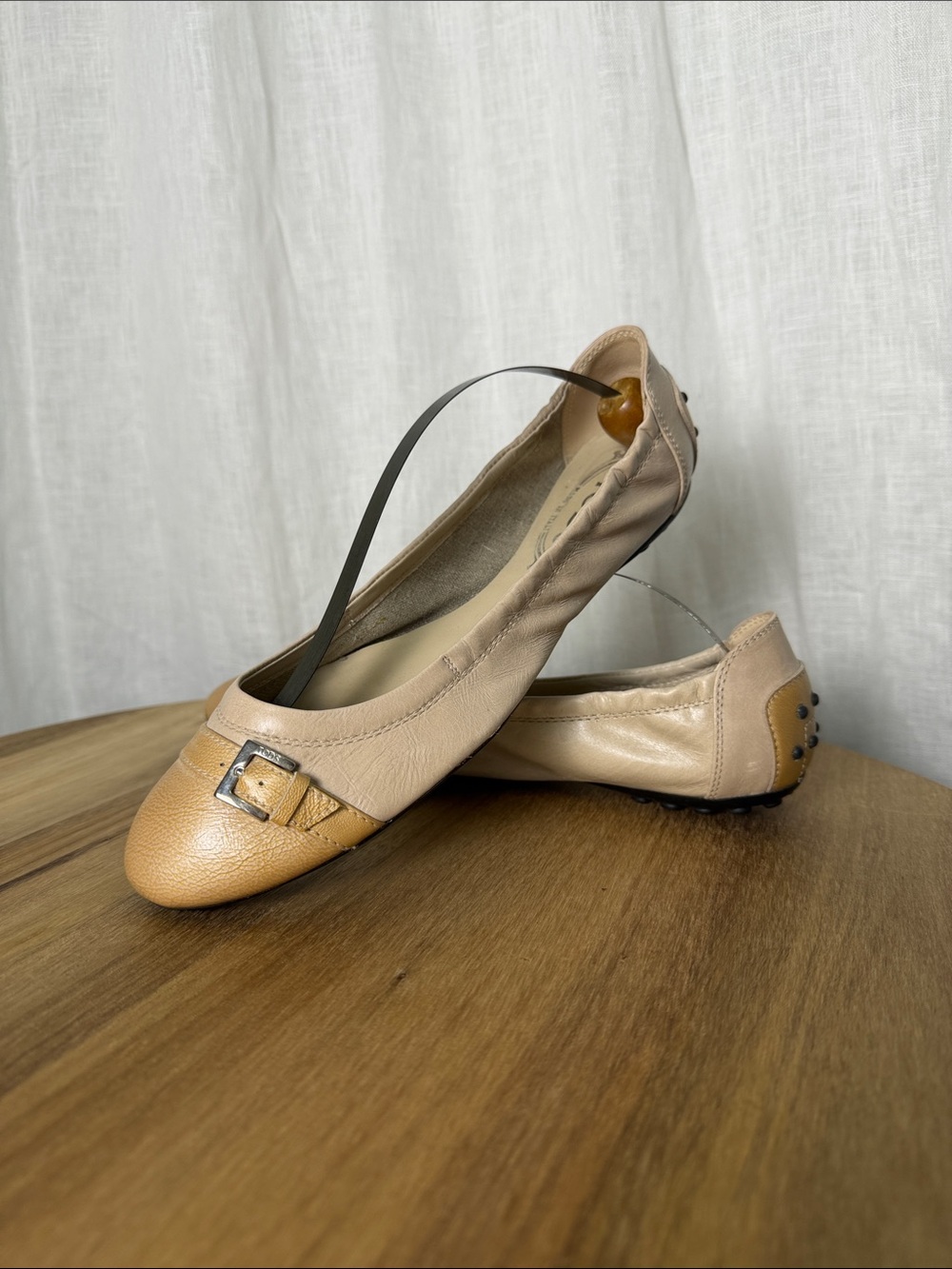 Tod's Two-Tone Beige & Tan Leather Ballet Flats with Buckle